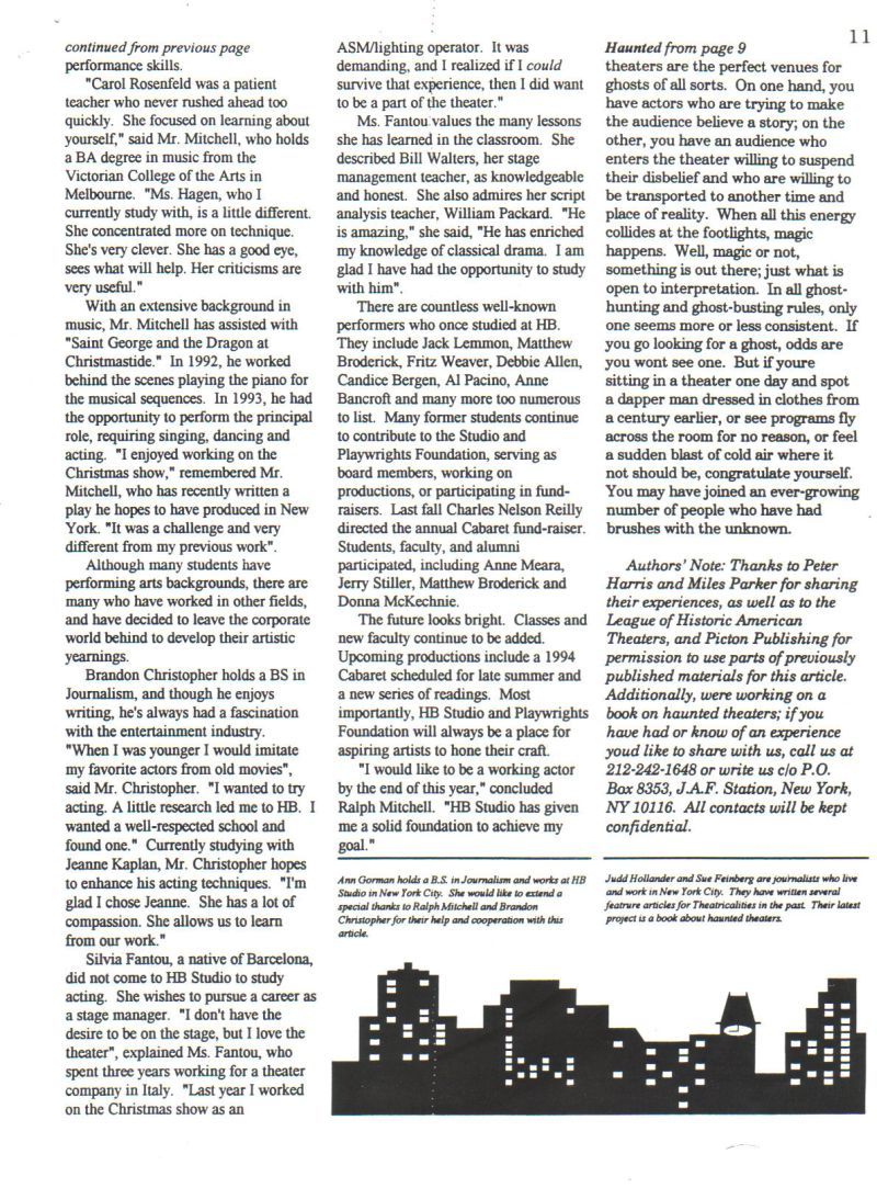 A feature article I wrote about HB Studio in 1994 for a small theatrical publication.