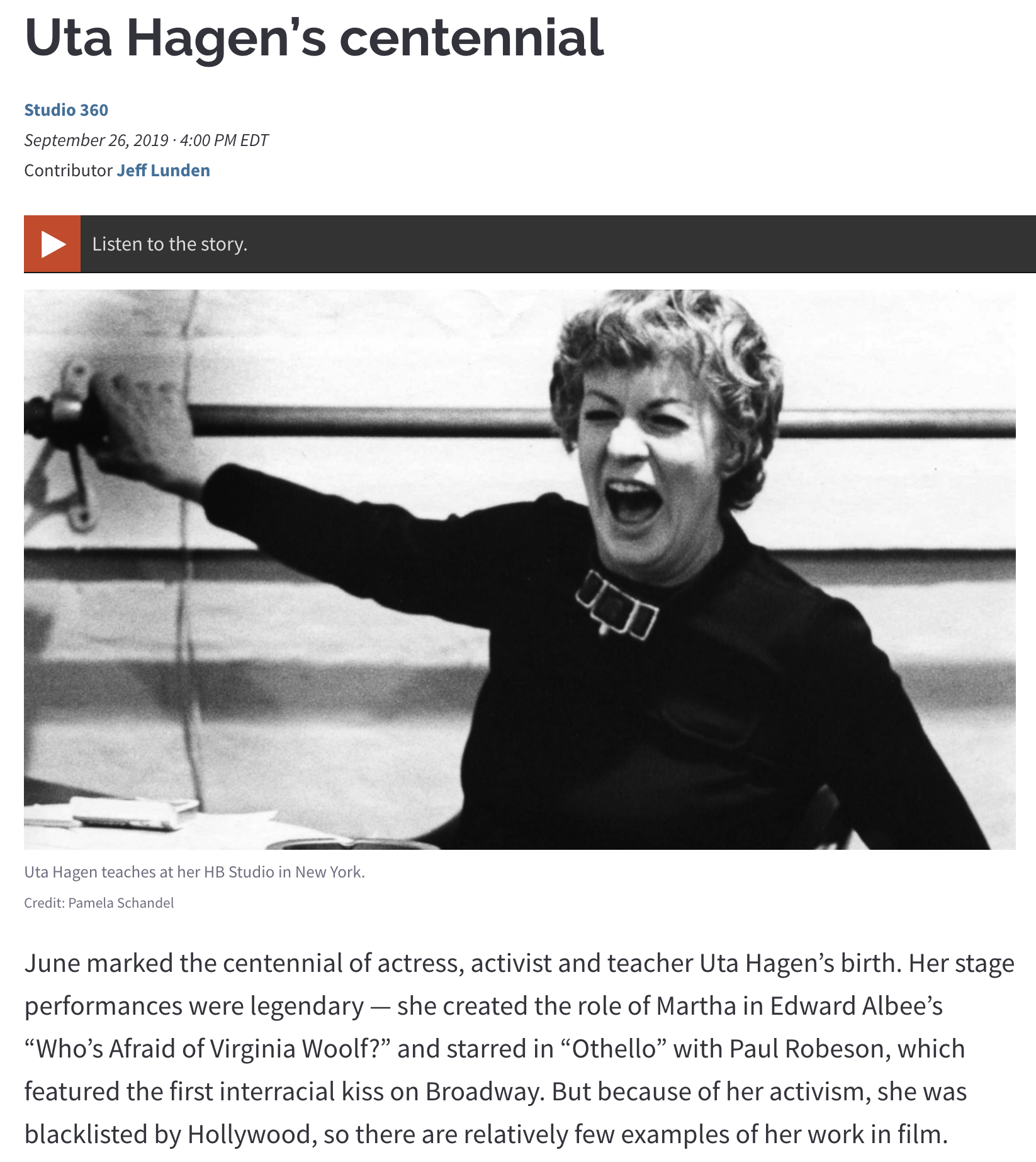 Uta Hagen at HB Studio | Studio 360 Broadcast